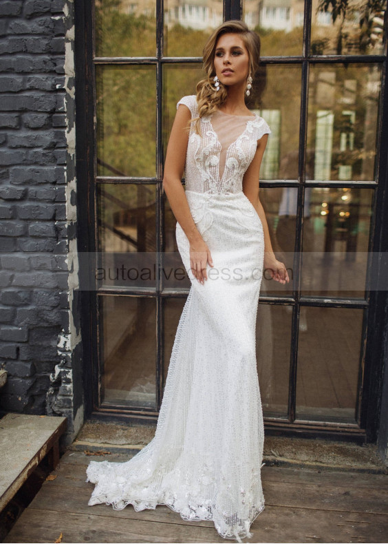 Cap Sleeves Ivory Glitter Sexy Wedding Dress